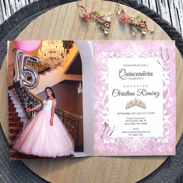 Dusty Pink Vintage Butterfly Quinceanera Invite (folded pink quinceanera invitations, fancy pink vines leaves border around photo with butterflies)