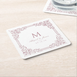 Dusty Pink Vintage Frame Elegant Wedding Monogram Square Paper Coaster