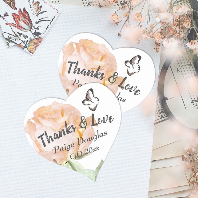 Dusty Pink, Vintage Rose Grad Party Favour Sticker (peach rose graduation party thank you party favor sticker label heart shaped floral botanical pink)
