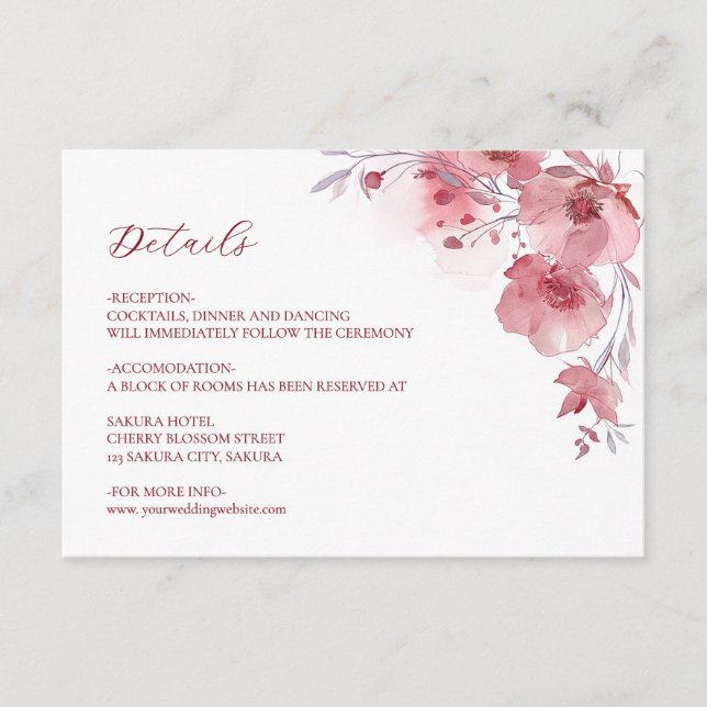 Dusty Pink Watercolor Flower Details Enclosure Card (Front)