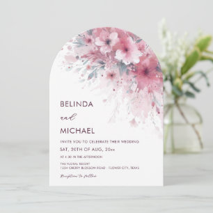 Dusty Pink Watercolor Flowers White Arched Wedding Invitation