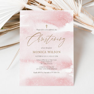 Dusty Pink Watercolor Girl Christening Invitation