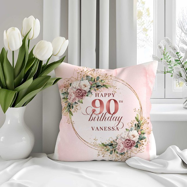 Dusty Pink Watercolor Greenery 90th Birthday Pillo Cushion (Dusty Pink Watercolor Greenery 90th Birthday Pillow)