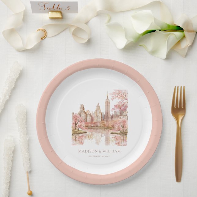 Dusty Pink Watercolor New York Wedding Paper Plate (Wedding)