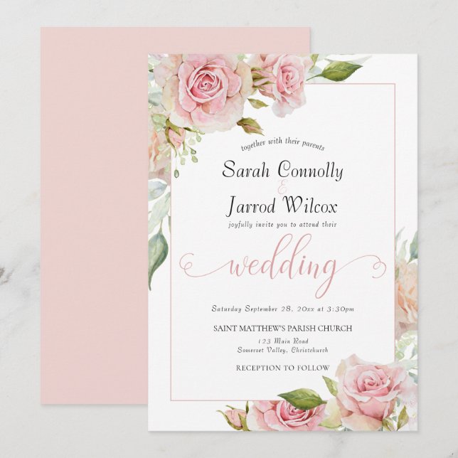 Dusty Pink Watercolor Rose Wedding Invitation (Front/Back)