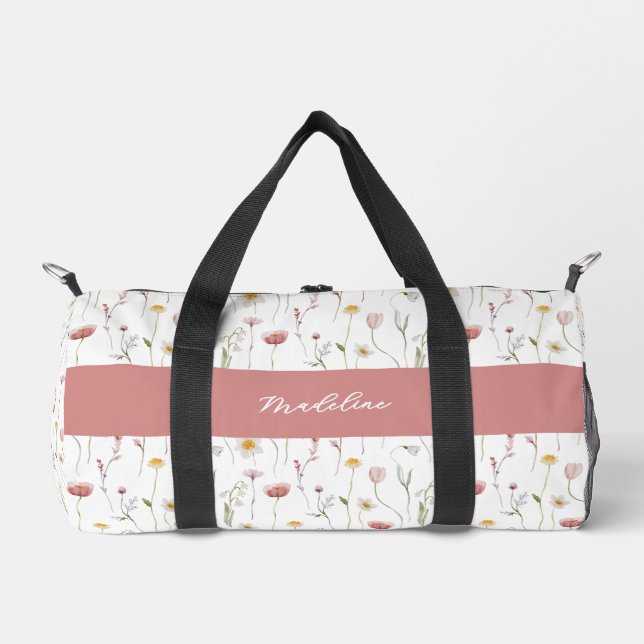 Dusty Pink Watercolor Wildflower Monogram Duffle Bag (Front)