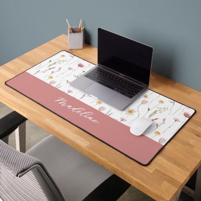 Dusty Pink Watercolor Wildflower Monogram Name Desk Mat (Office 2)