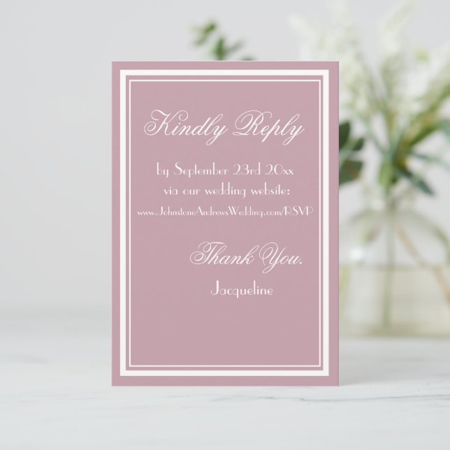 Dusty Pink Wedding Beautiful White Script WS RSVP Card (Standing Front)