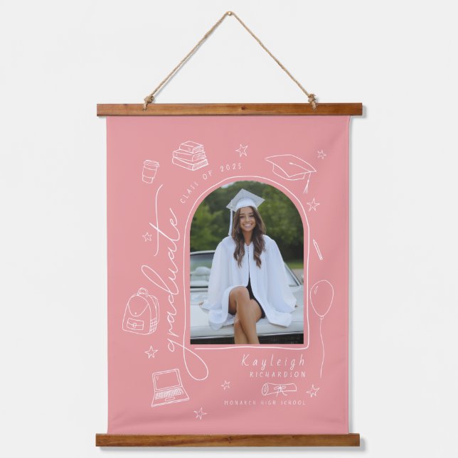 Dusty Pink Whimsical Hand Drawn Photo Graduation  Hanging Tapestry (Front)