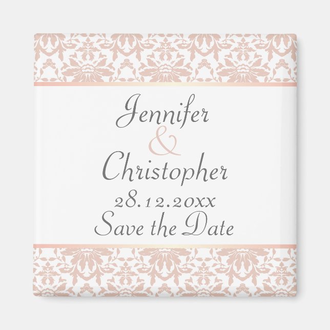 Dusty Pink & White Chandelier Damask Save the Date Magnet (Front)