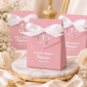 Dusty Pink White Cross Floral Crest Baptism Favour Box