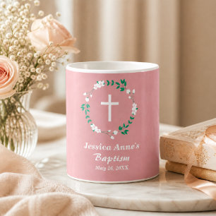 Dusty Pink White Cross Floral Crest Baptism Favour Coffee Mug