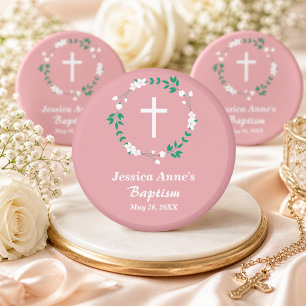 Dusty Pink White Cross Floral Crest Baptism Favour Magnet