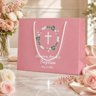 Dusty Pink White Cross Floral Crest Baptism Large Gift Bag