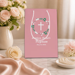 Dusty Pink White Cross Floral Crest Baptism  Medium Gift Bag