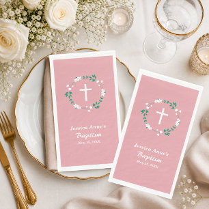 Dusty Pink White Cross Floral Crest Baptism Napkin