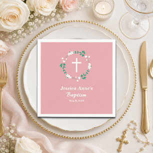 Dusty Pink White Cross Floral Crest Baptism Napkin
