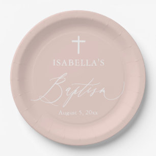 Dusty Pink White Cross Girl Baptism Party Plates