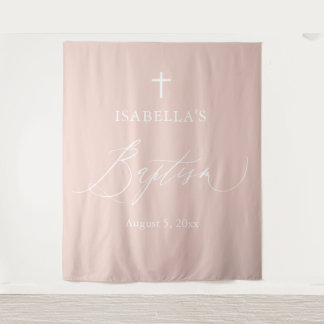 Dusty Pink White Cross Girl Baptism Photo Backdrop Tapestry