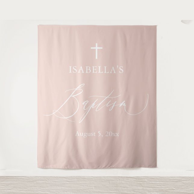 Dusty Pink White Cross Girl Baptism Photo Backdrop Tapestry (Front)
