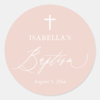 Dusty Pink White Cross Girl Baptism Round Sticker