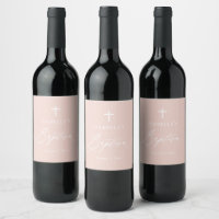Dusty Pink White Cross Girl Baptism Wine Label