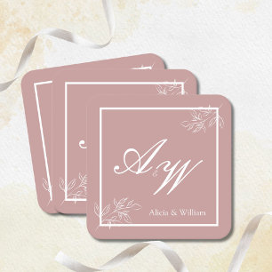 Dusty Pink & White Custom Wedding Square Paper Coaster