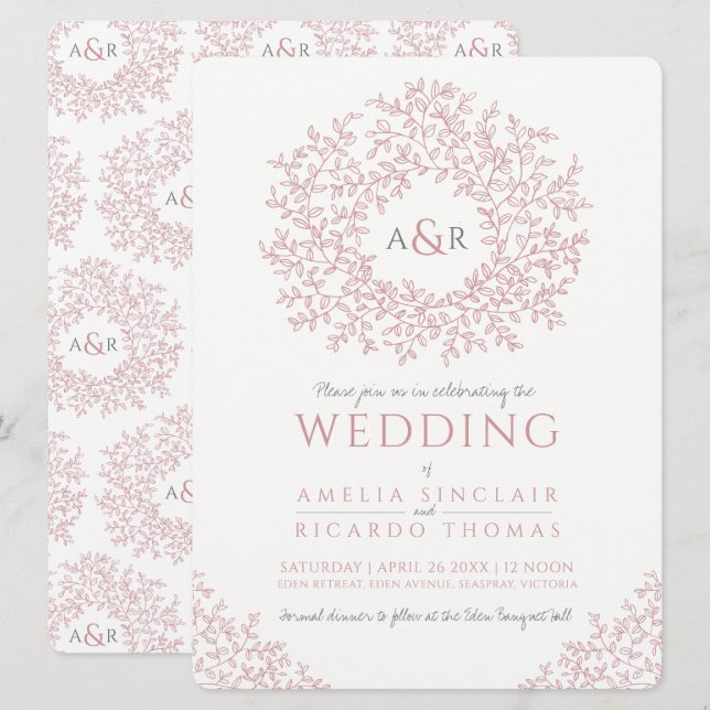 Dusty pink white hand drawn leaf monogram wedding invitation (Front/Back)