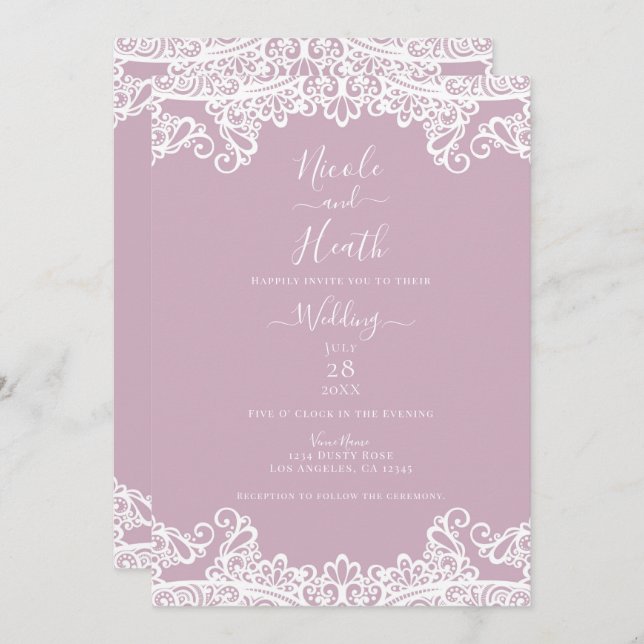 Dusty Pink & White Lace Elegant Wedding  Invitation (Front/Back)