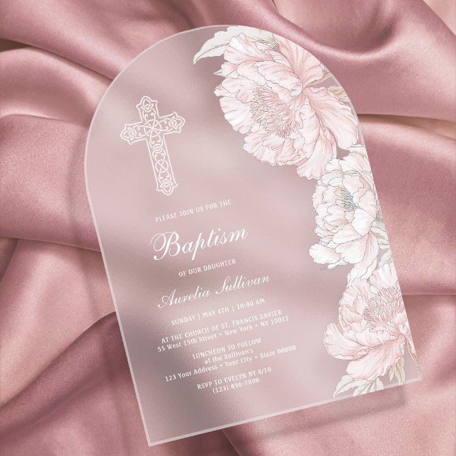Dusty Pink White Peonies Arch Baptism Acrylic Invitations (Creator Uploaded)