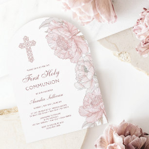 Dusty Pink White Peonies Arch First Communion Invitation
