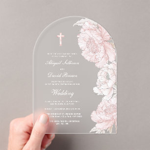 Dusty Pink White Peonies Arch Wedding Acrylic Invitations