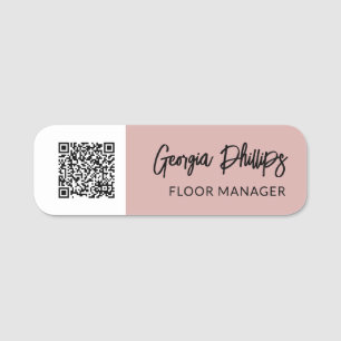 Dusty Pink & White QR Code Brush Script Name Tag