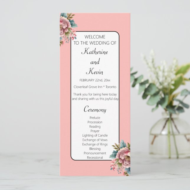 Dusty Pink White Teal Floral Wedding Celebration Program (Standing Front)