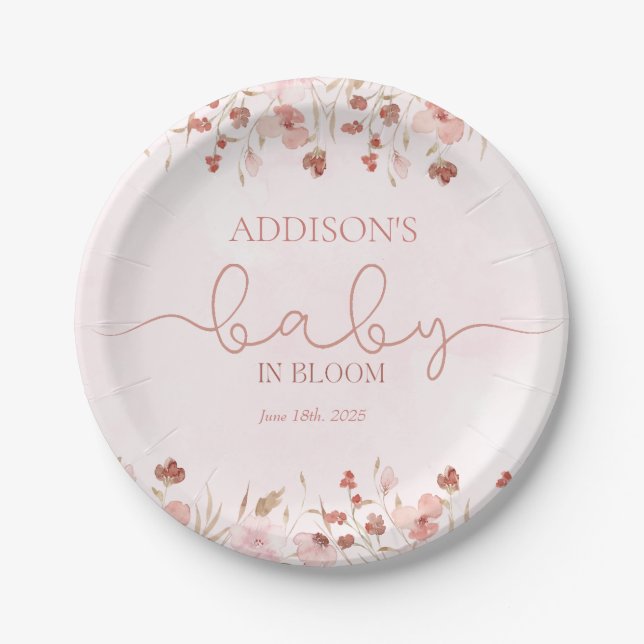 Dusty Pink Wildflower Baby in Bloom Girl Shower Paper Plate (Front)