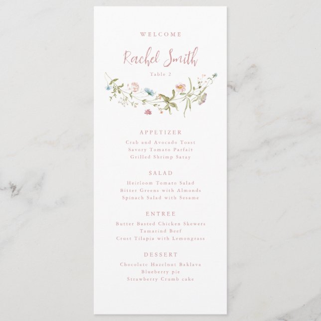Dusty Pink Wildflower Boho Wedding Guest Name Menu (Front)