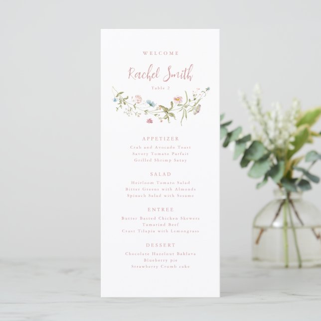 Dusty Pink Wildflower Boho Wedding Guest Name Menu (Standing Front)