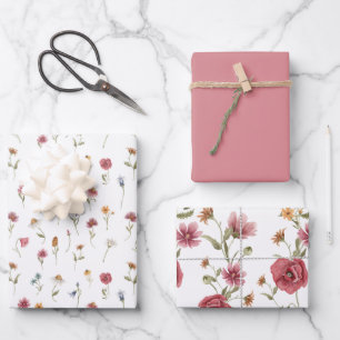 Dusty Pink Wildflower Floral Wrapping Paper Sheet