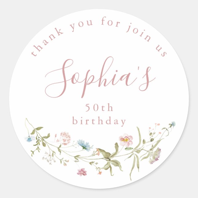 Dusty Pink Wildflower Rustic Boho Birthday Favours Classic Round Sticker (Front)