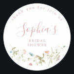 Dusty Pink Wildflower Rustic Boho Bridal Shower  Classic Round Sticker<br><div class="desc">Elegant delicate watercolor wildflower wreath frames your event details. Pastel palettes of soft blush pink, off white, beige, dusty blue, and botanical greenery, simple and romantic. Great something blue bridal shower favour stickers for modern rustic baby shower, country garden bridal shower, and dusty blue boho party in spring and summer....</div>