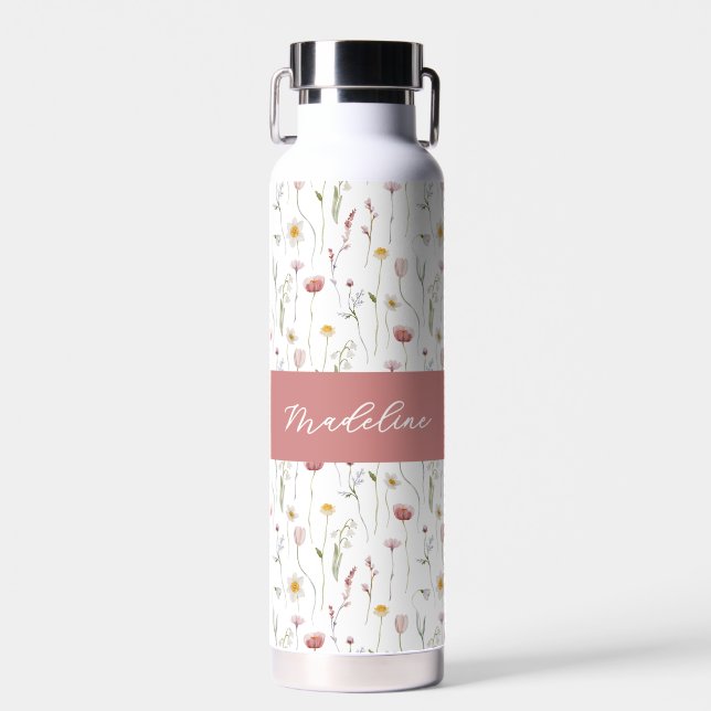 Dusty Pink Wildflower Watercolor Monogram Name Water Bottle (Front)