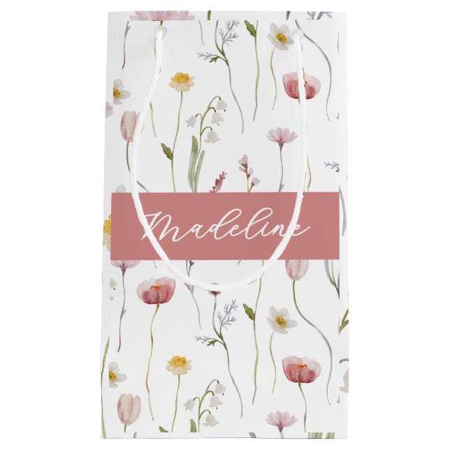 Dusty Pink Wildflower Watercolor Monogram Small Gift Bag (Front)