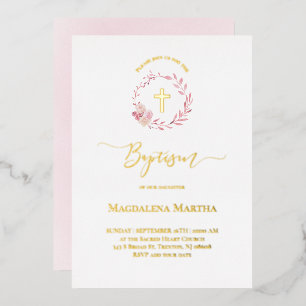 dusty pink wreath watercolor Baptism Invitation