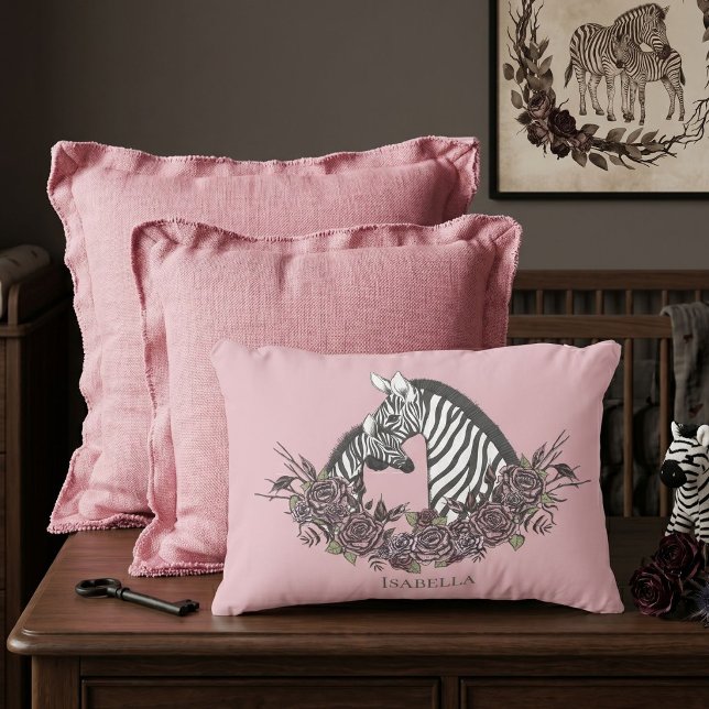 Dusty Pink Zebra Hand-Drawn Accent Decorative Cushion (Light mauve hand-drawn zebra mama and baby with moody roses for alternative soft gothic baby nursery)