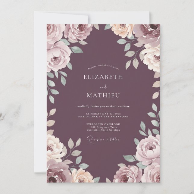 Dusty Plum Blush Rose Wedding Invitation (Front)