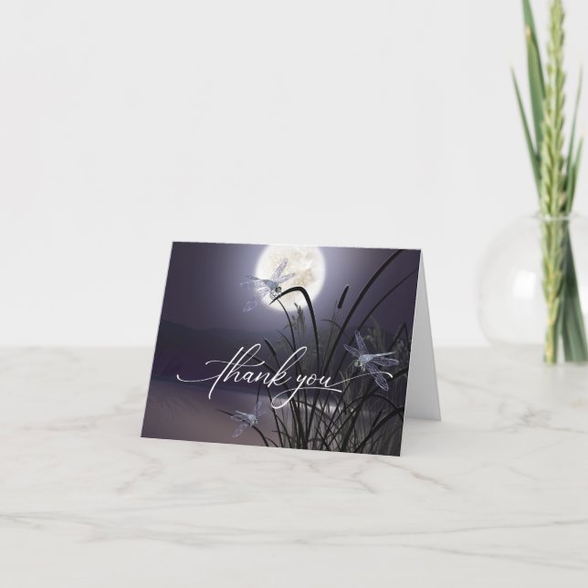 Dusty Plum Full Moon Dragonfly Pond Thank You Card (Front)