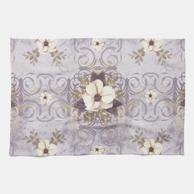 Dusty Plum Purple Floral Kitchen Towel (Horizontal)