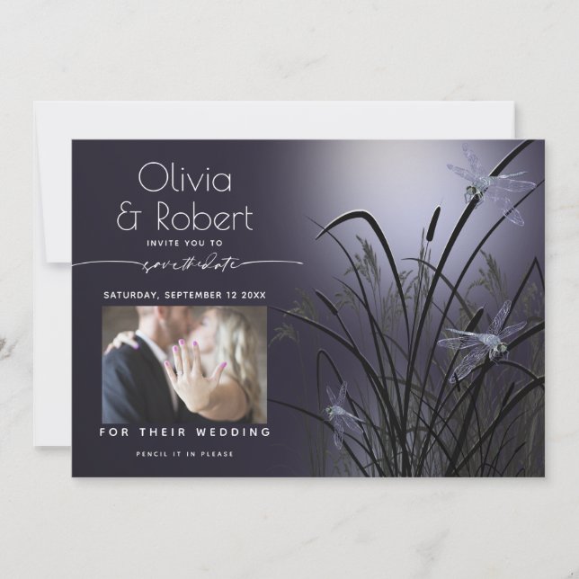 Dusty Plum Save the Date  Moonlight Dragonfly Invitation (Front)