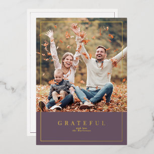 Dusty plum Thanksgiving framed family photo Foil Holiday Card