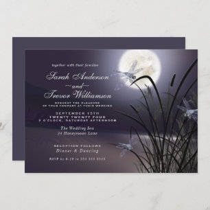 Dusty Plum Wedding Full Moon Dragonfly Pond Invitation